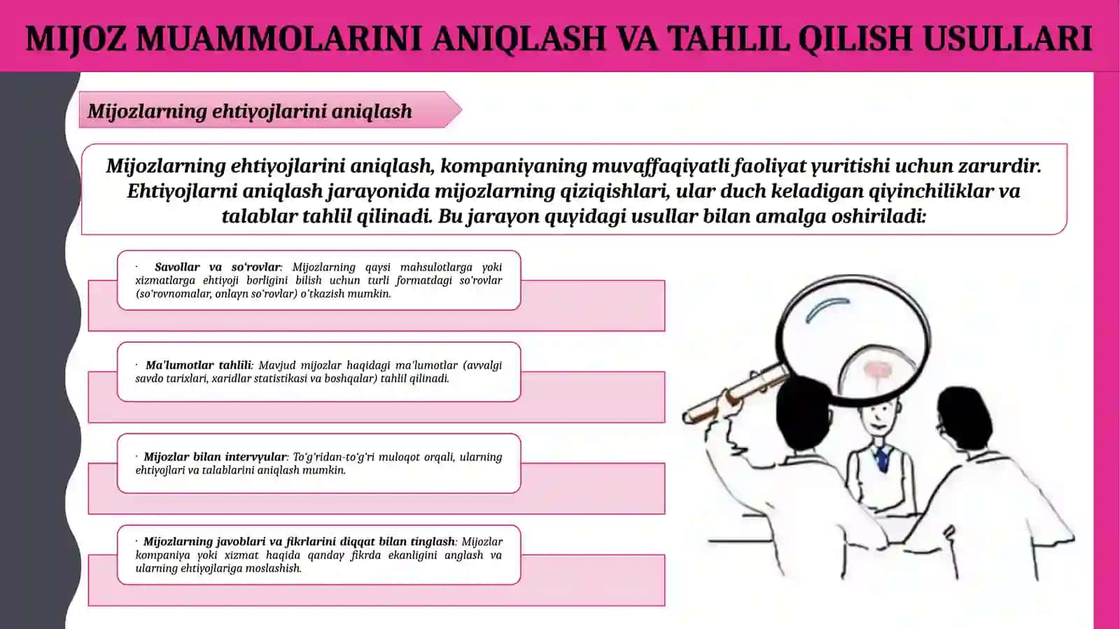 Mijoz muammolarini o‘rganishning asosiy usullari 4