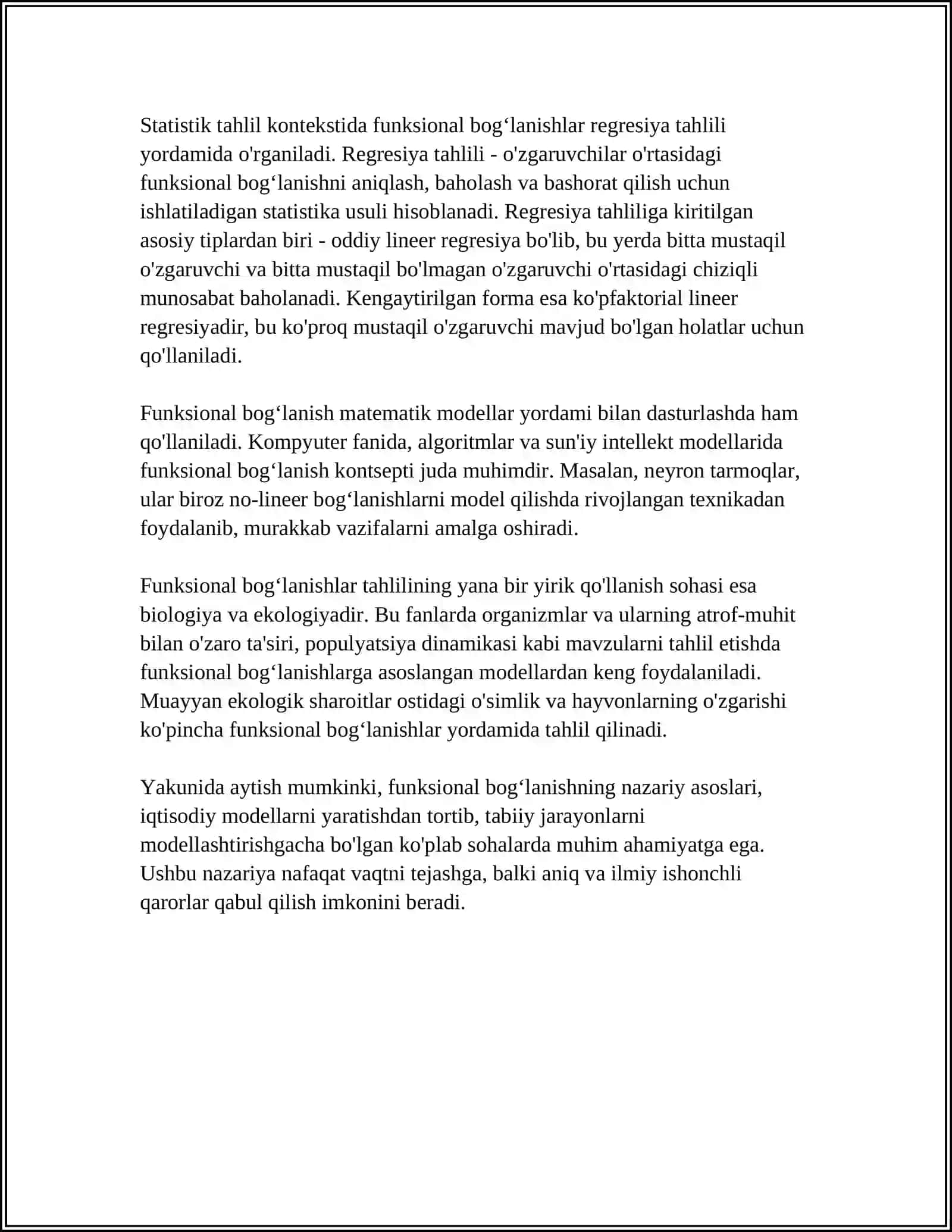 FUNKSIONAL, STATISTIK VA KORRELYATSION BOGLANISH, CHIZIQLI REGRESSIYA TENGLAMASIGA DOIR TADQIQOT ISHINI BAJARISH 4