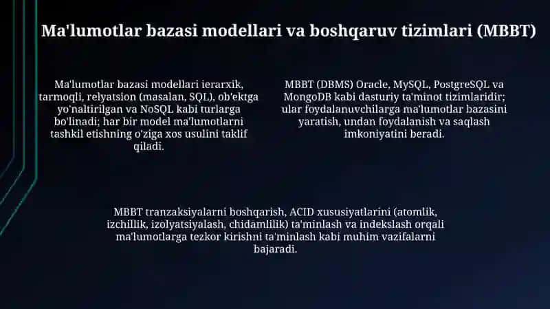Ma'lumotlar bazasi. Uning arxitekturasi 4