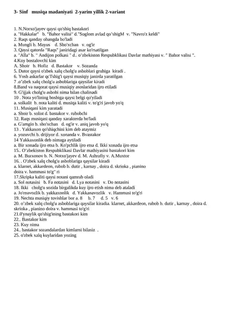 3- Sinf musiqa madaniyati 1-yarim yillik 1-variant 4