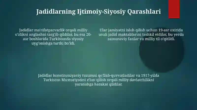 Jadidchilikning O'zbekiston ijtimoiy-siyosiy hayotiga ta'siri 4