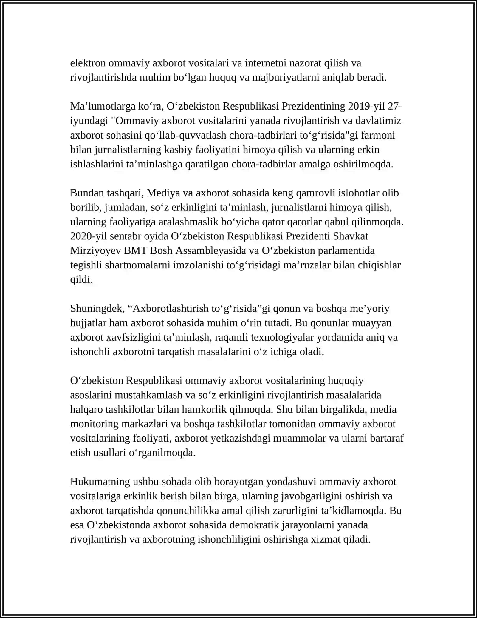 O‘ZBEKISTON RESPUBLIKASIDA OMMAVIY AXBOROT VOSITALARINING FAOLIYATI 4