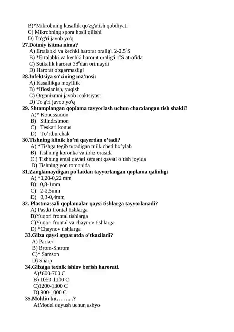 STOMATOLOGIYA TEST SAVOLLARI 4