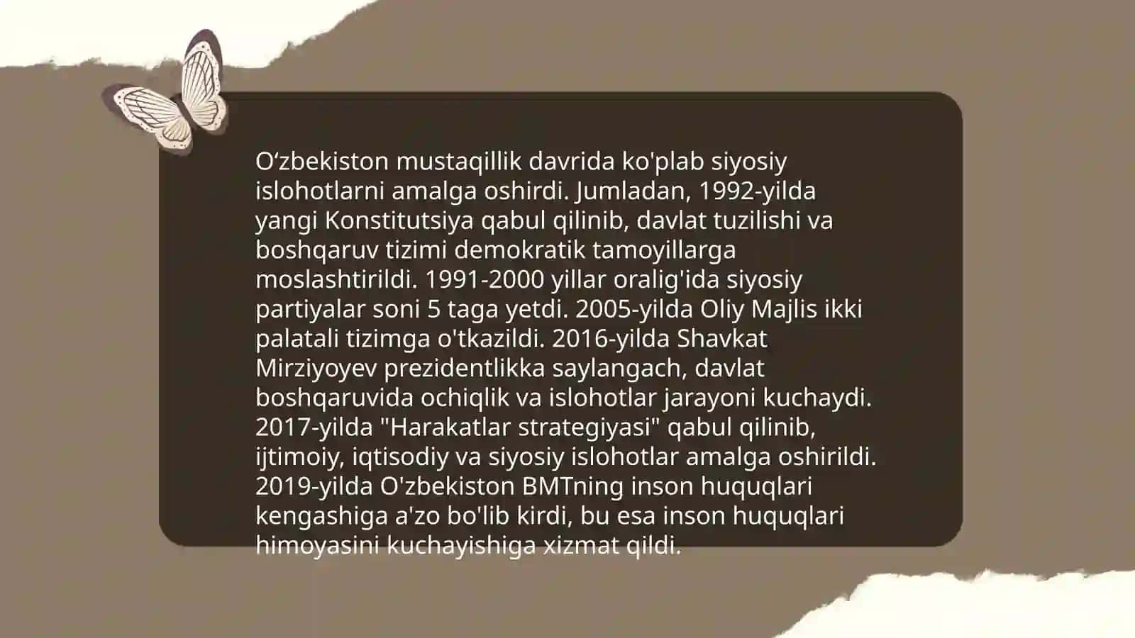 Oʻzbekistonda demokratik fuqarolik jamiyati asoslarining shakllanishi, amalga oshirilgan siyosiy islohotlar 4