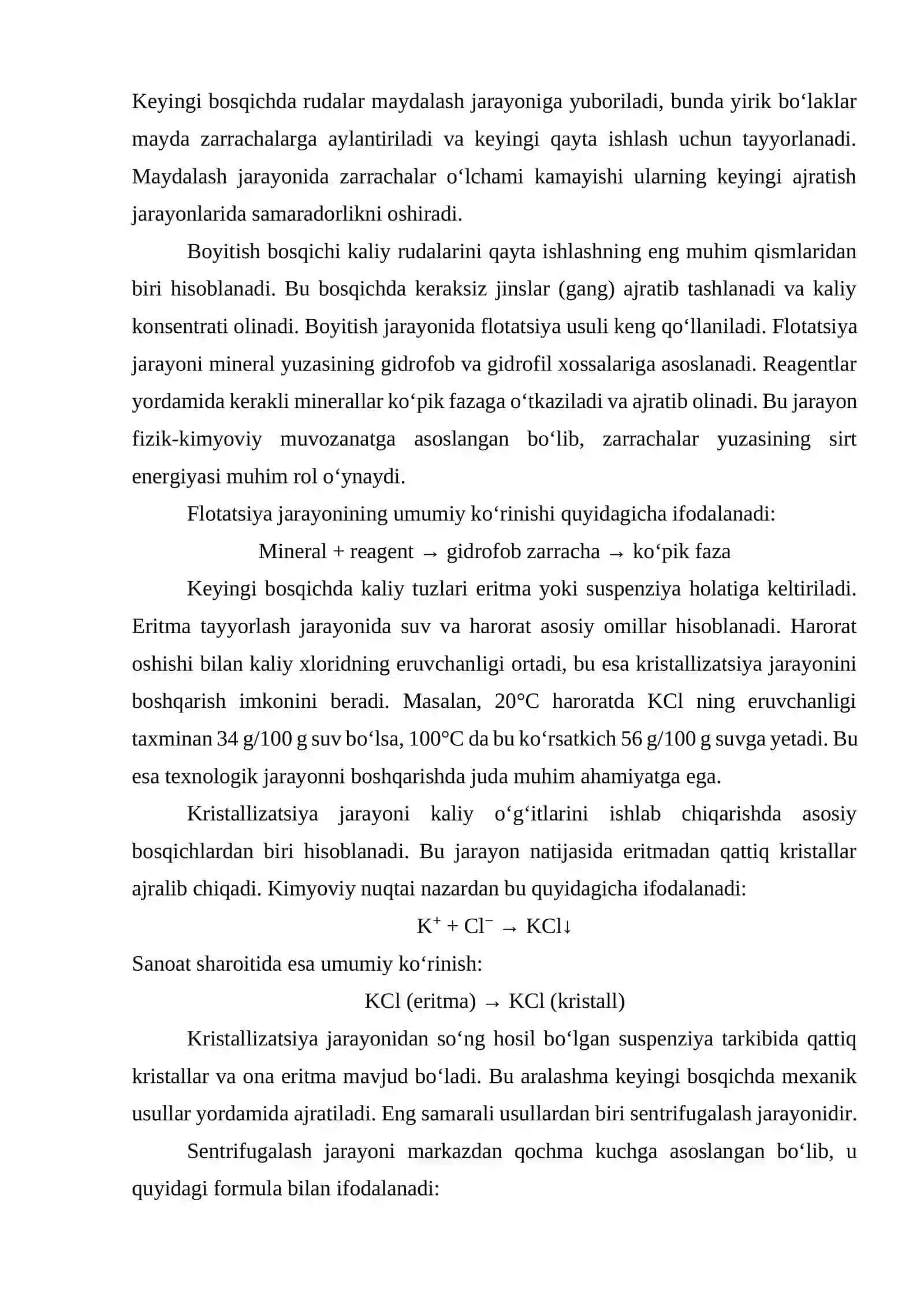 Kaliy o'g'itlarini ajratish uchun sentrifuga qurilmasi. G = 9 t/soat 4