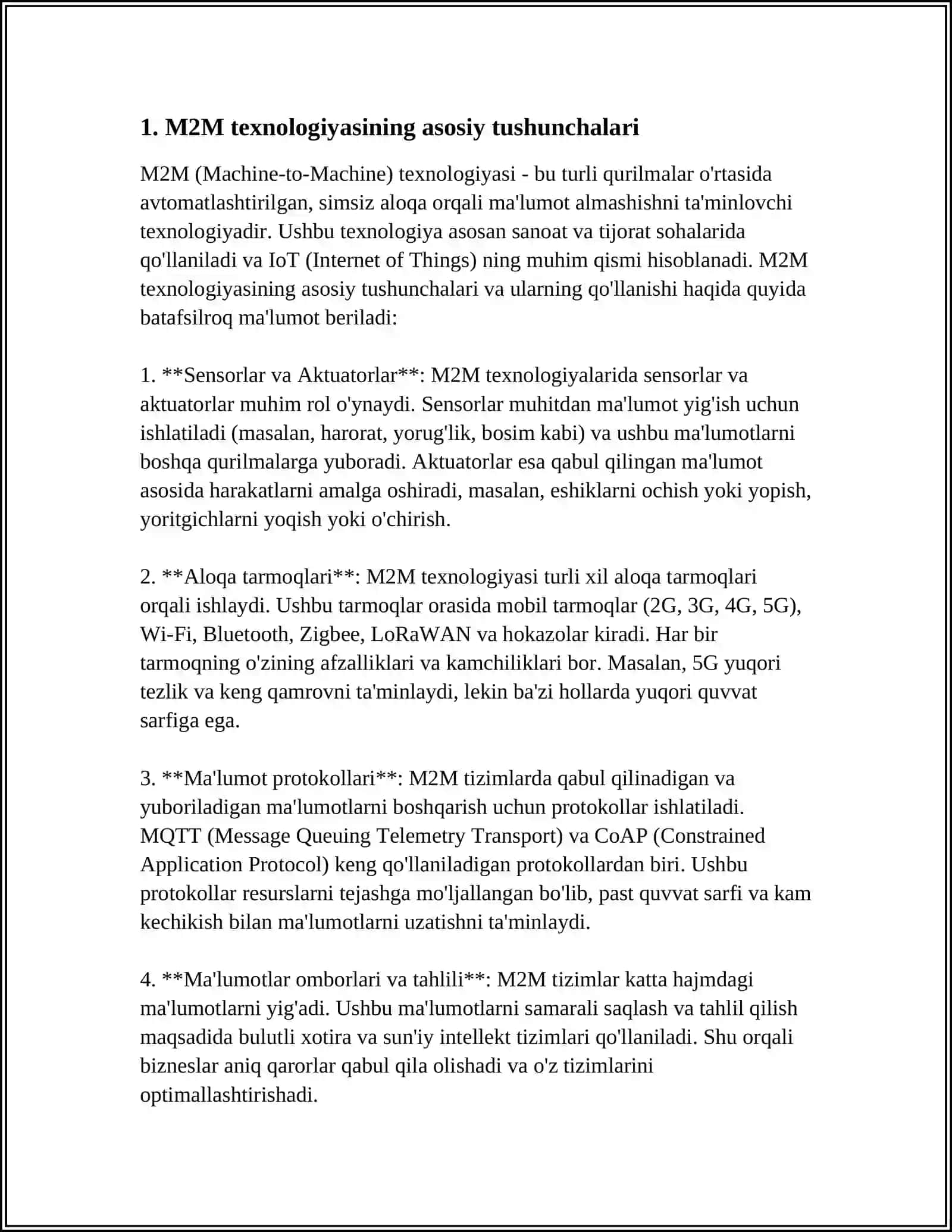 M2M texnologiyasi- internet ashyolari asosida 4