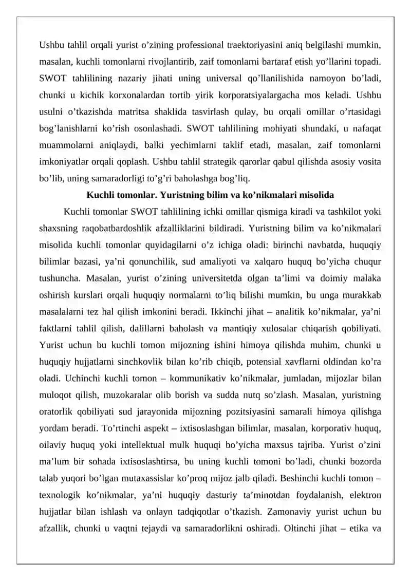 SWOT va PEST tahlillari. Yurist karyerasi bilan bog’liq maqsadlarni aniqlashtirish 4