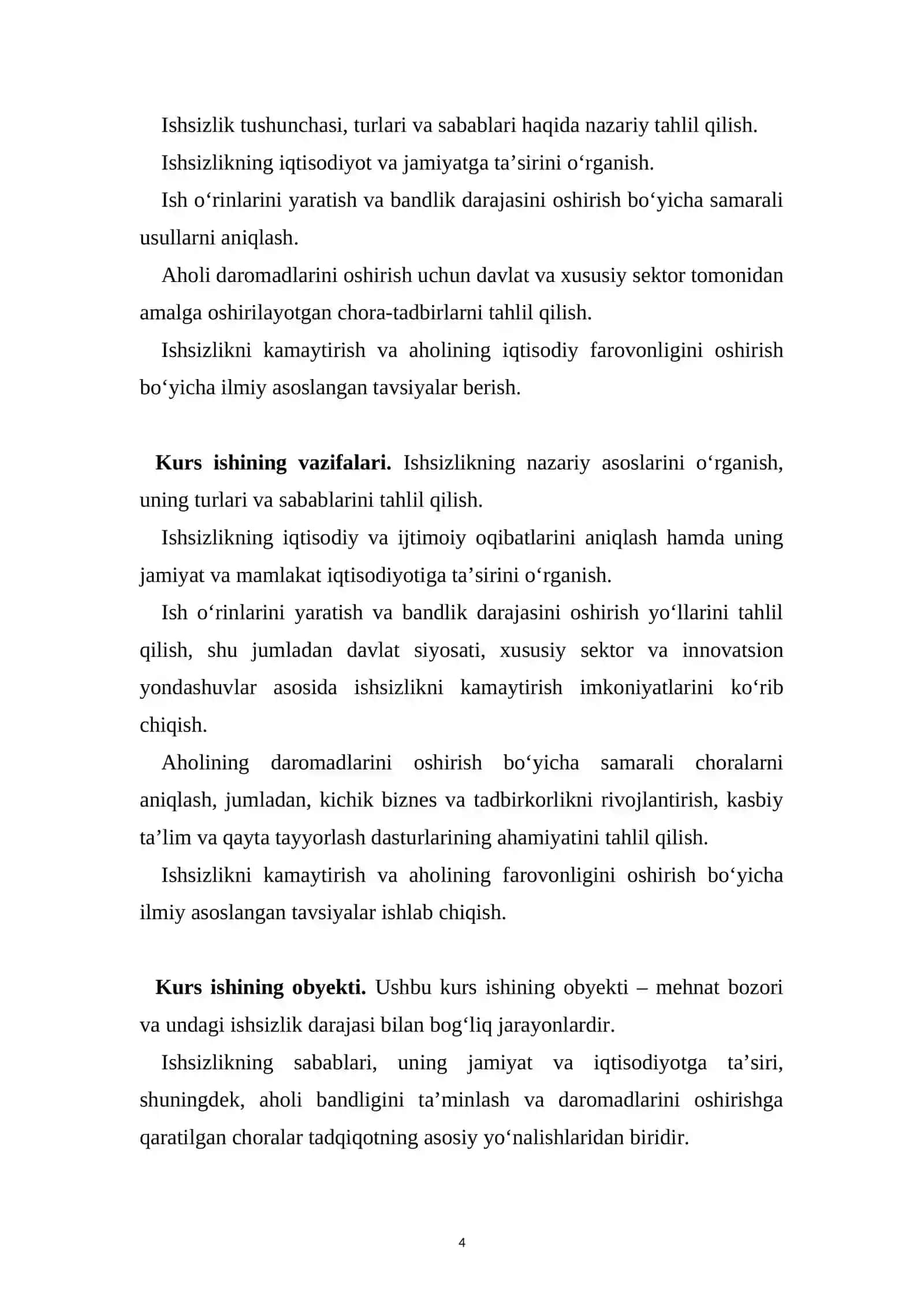 IQTISODIYOT NAZARIYASI" FANIDAN "Aholi o‘rtasida ishsizlikni kamaytirish, odamlar va oilalarning daromadini oshirish yo‘llari." 4
