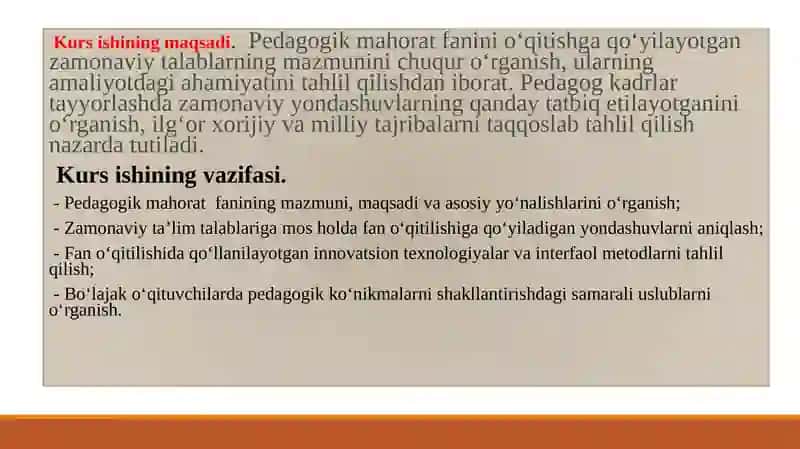 PEDAGOGIK MAHORAT FANIDAN KURS ISHI SLAYDI 4