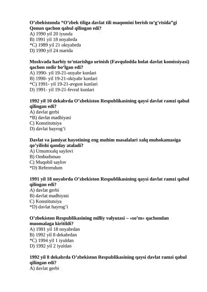 O‘zbekistonning eng yangi tarixi fanidan yakuniy nazorat test savollari (200 ta) 4
