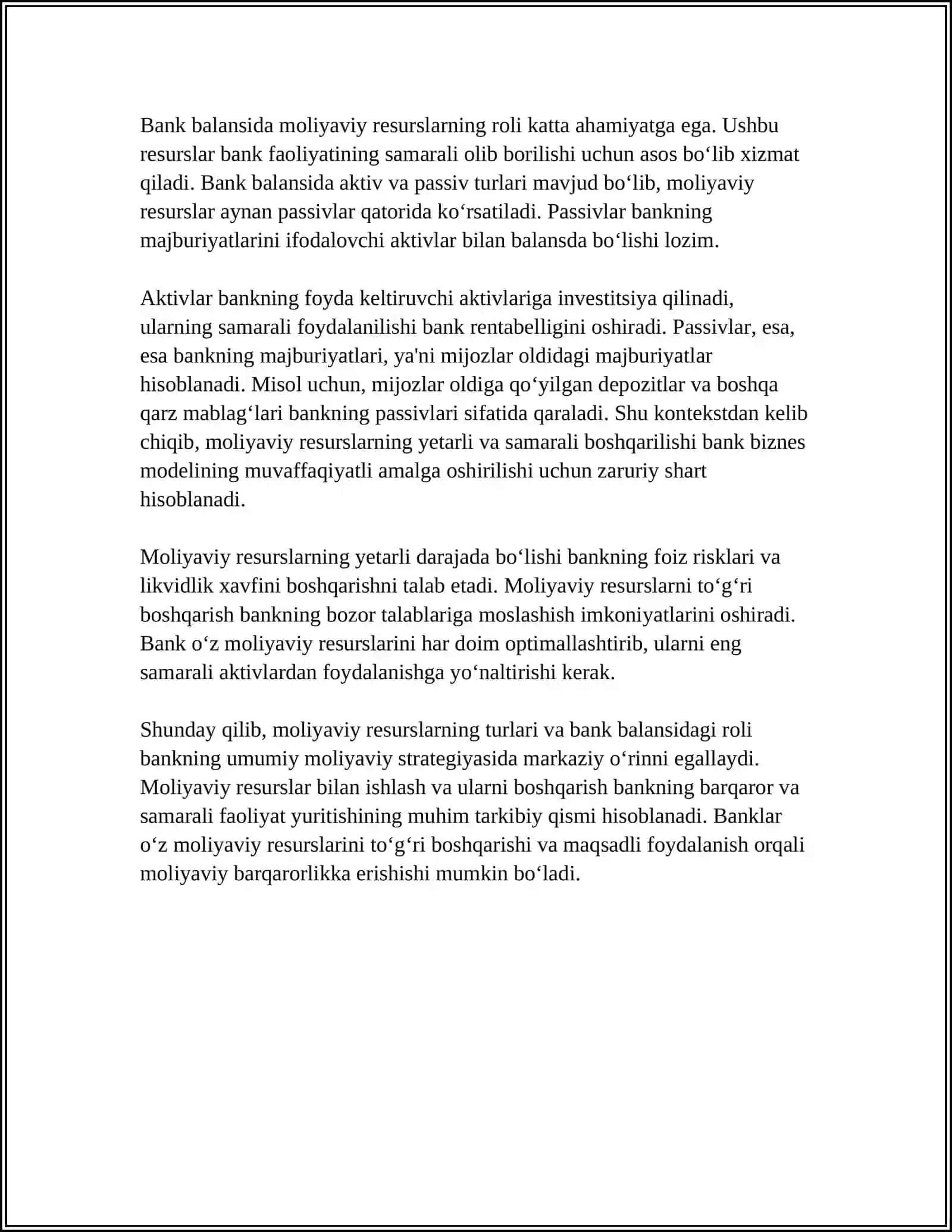 BANKLAR FAOLIYATIDA MOLIYAVIY RESURSLARNI BOSHQARISH 4