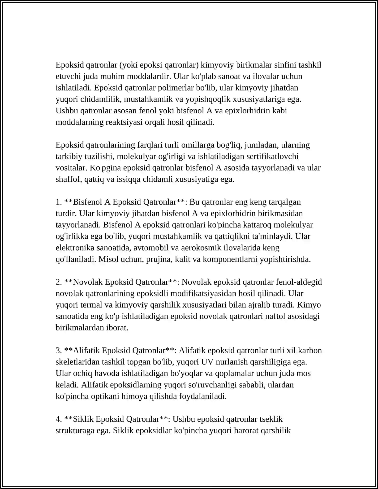 EPOKSID POLIMERLARINI ISHLATILISHI XOSSALARI OLINISHI 4