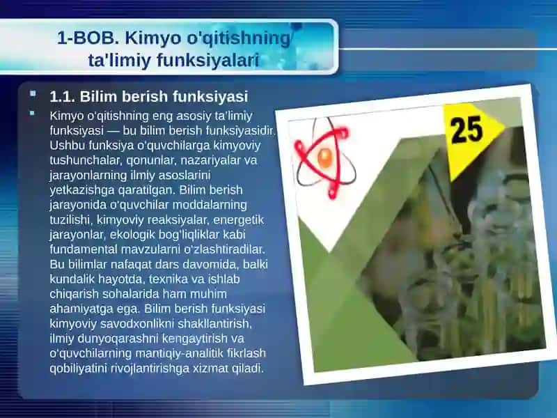 Kimyo o'qitishning ta'limiy funktsiyalari 4