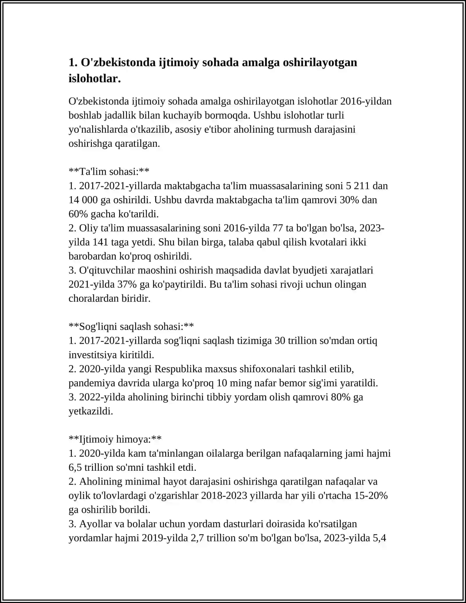O'ZBEKISTONDA IJTIMOIY SOHADA AMALGA OSHIRILAYOTGAN O'ZGARISHLAR MAZMUN VA MOHIYATI 4