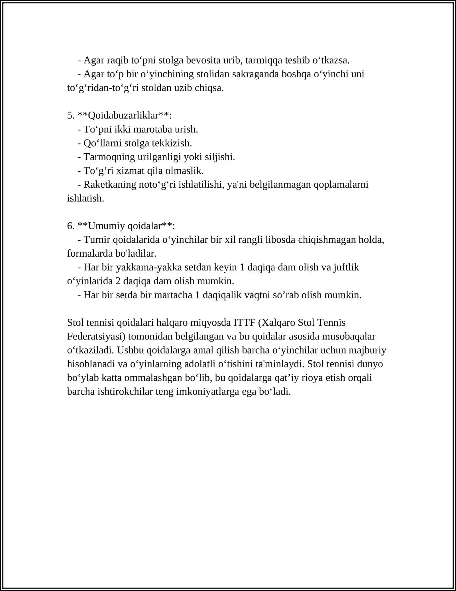 STOL TENNISI SPORT ÕYINI QOIDALARI 4