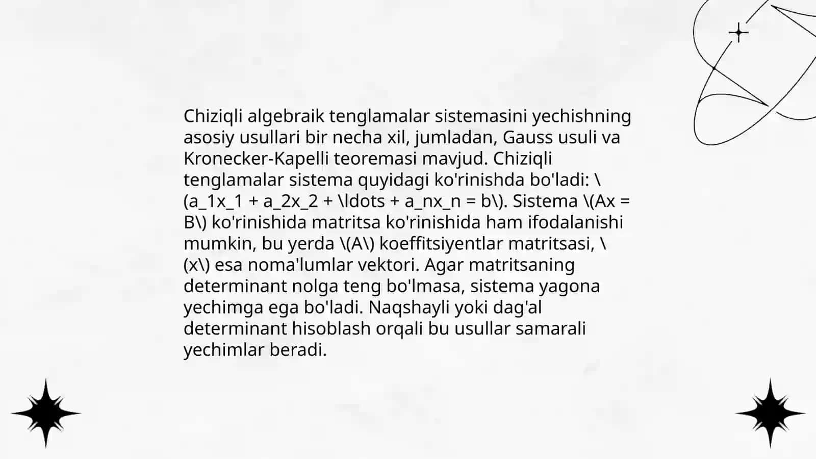 Chiziqli algebraik tenglamalar sistemasini teskari matritsa usuli yordamida yechish 4