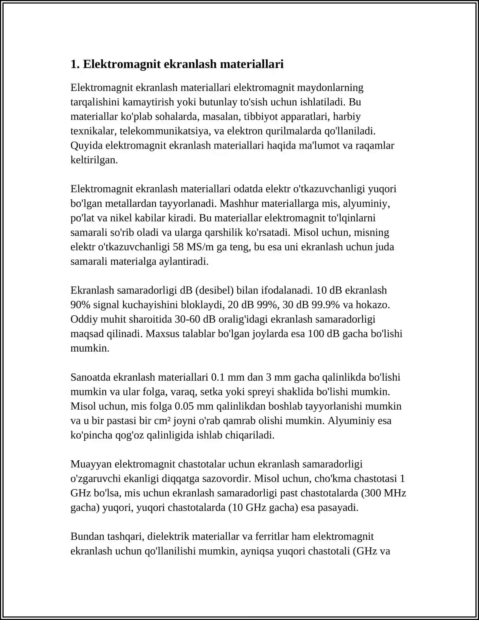 ELEKTROMAGNIT MAYDONLARDAN MUXOFAZALANISH VOSITALARINI TAYYORLASHDA ISHLATILADIGAN ASOSIY MATYERIALLAR 4