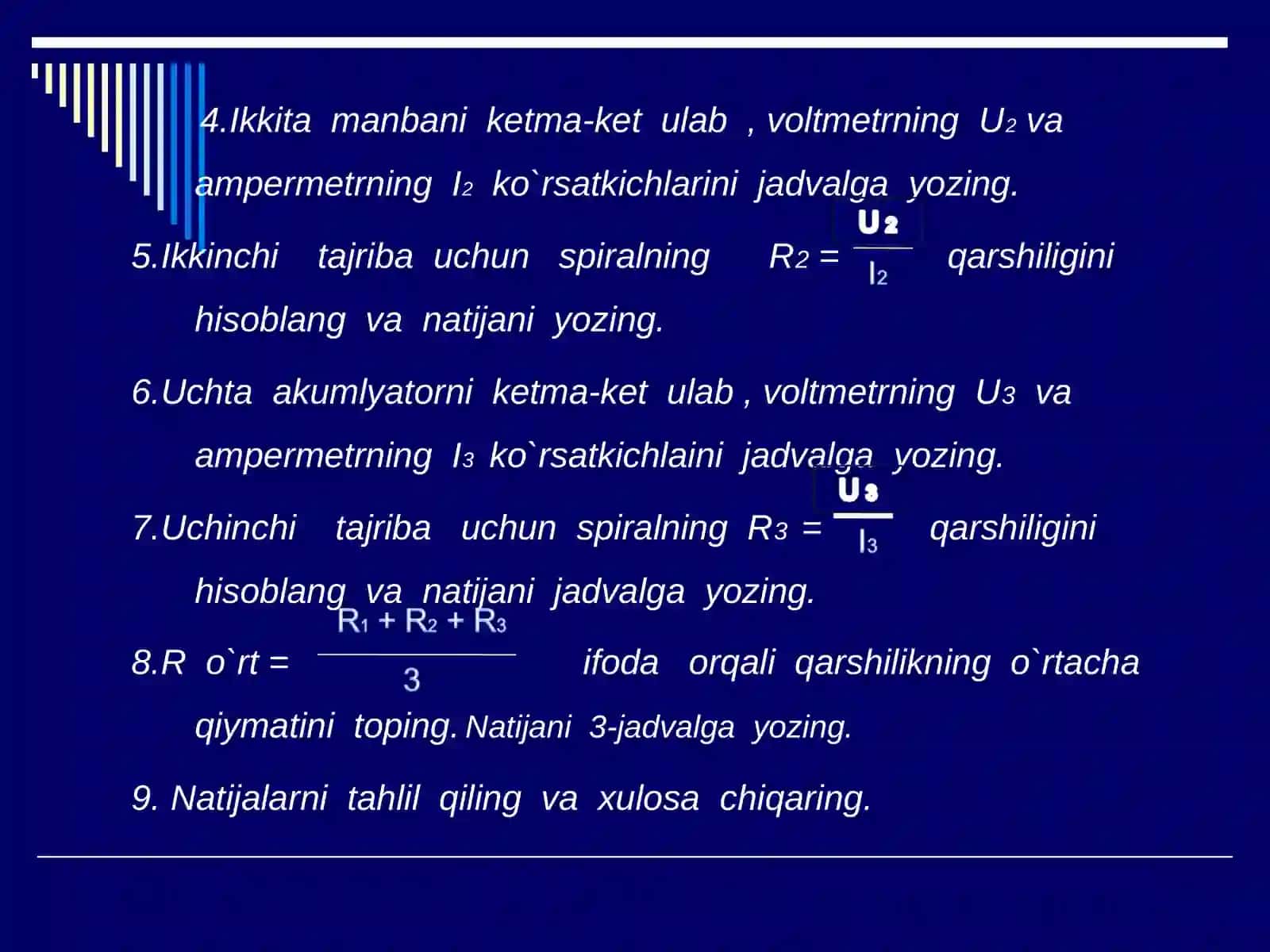 AMPERMETR VA VOLTMETR YORDAMIDA O`TKAZGICH QARSHILIGINI ANIQLASH 4