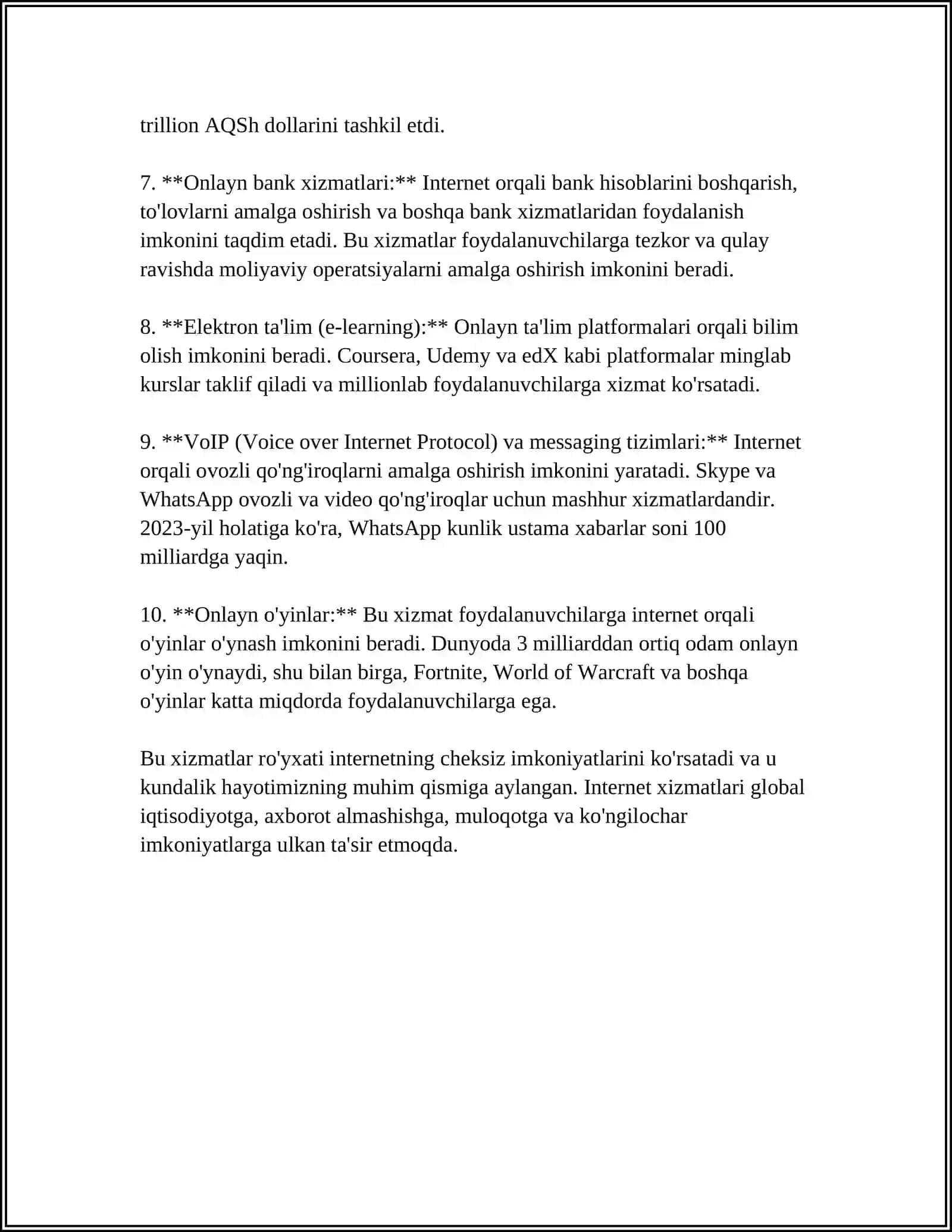 INTERNET XIZMATLARI: WWW, ELEKTRON POCHTA, FTP VA BOSHQA XIZMATLAR. INTERNET XAVFSIZLIGI VA AXBOROT HIMOYASI 4