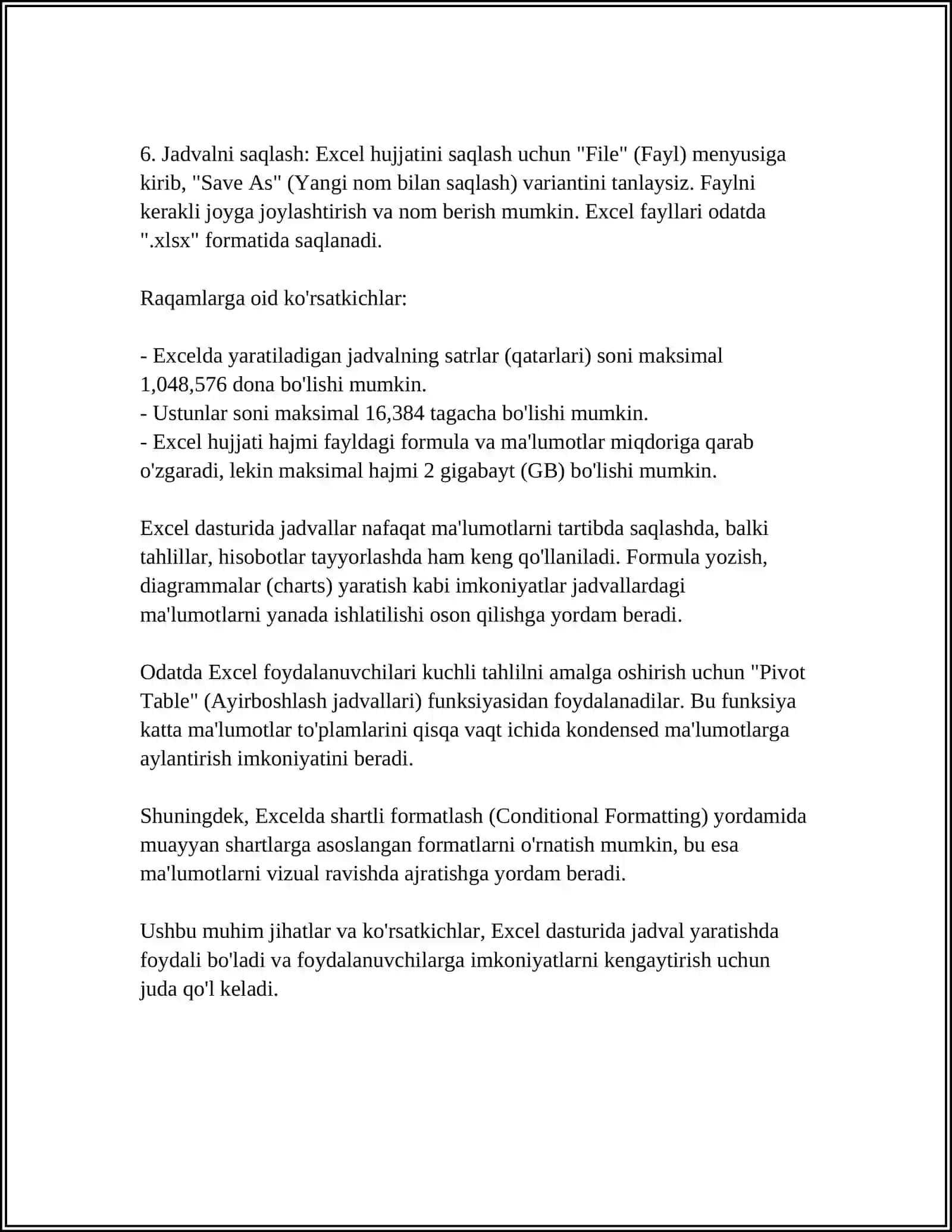 EXCEL DASTURIDA JADVAL HOSIL QILISH VA UNING USTIDA AMALLAR BAJARISH 4