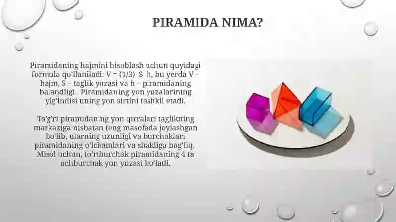 Конус, Цилиндр, Призма ва Пирамиданинг ҳажм ва юза формулалари 4