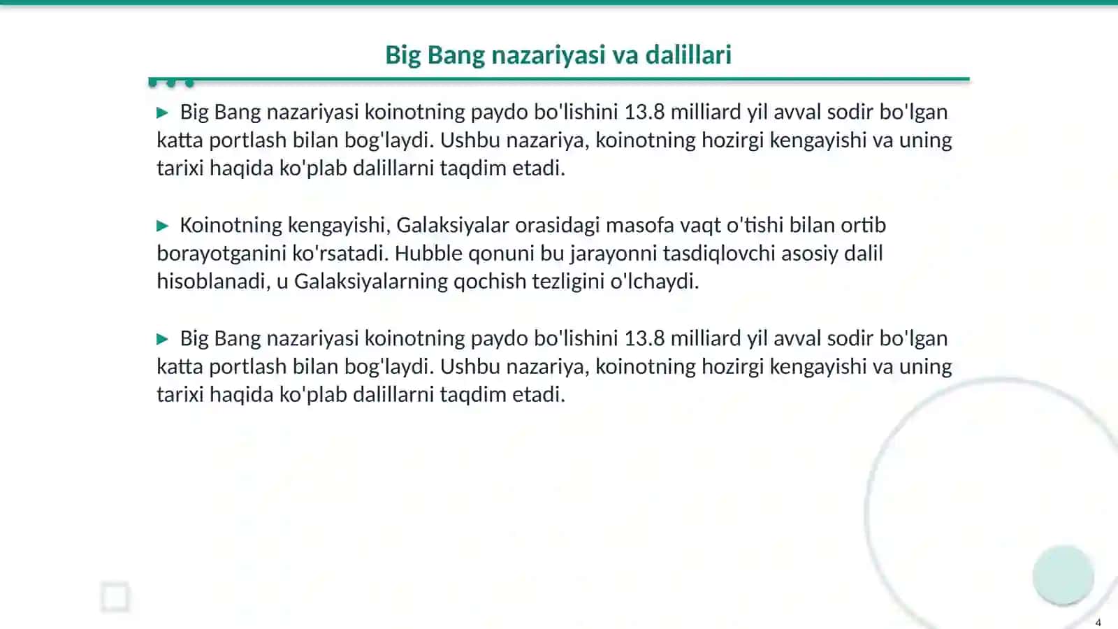 Olamning paydo bo'lishi va evalyutsiyasi 4