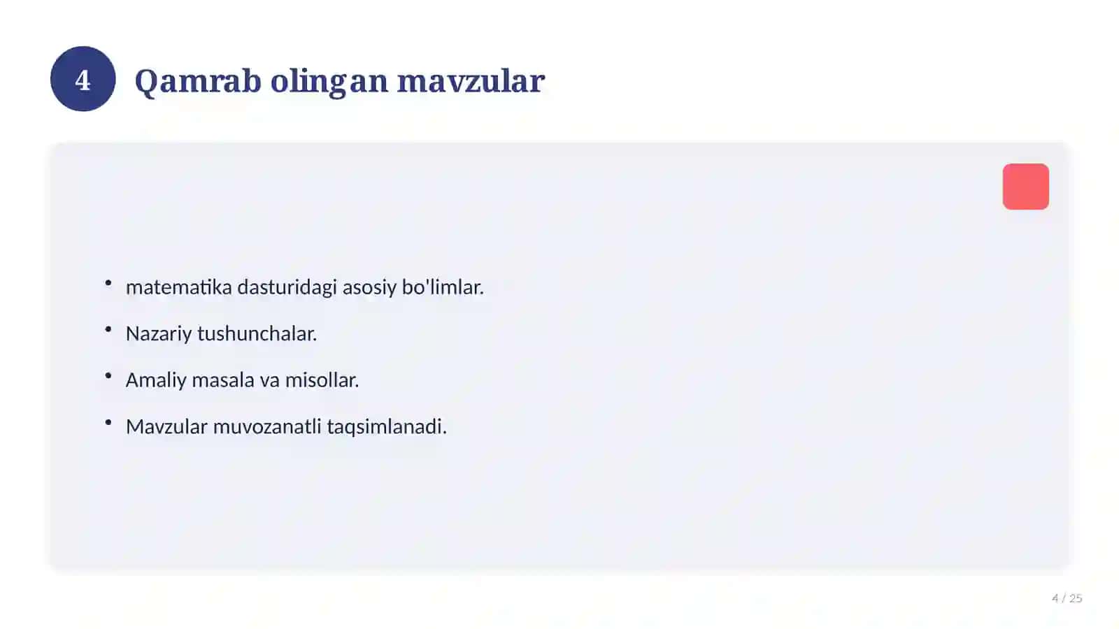 9-SINF MATEMATIKA FANI BO'YICHA TEST SAVOLLARI 4