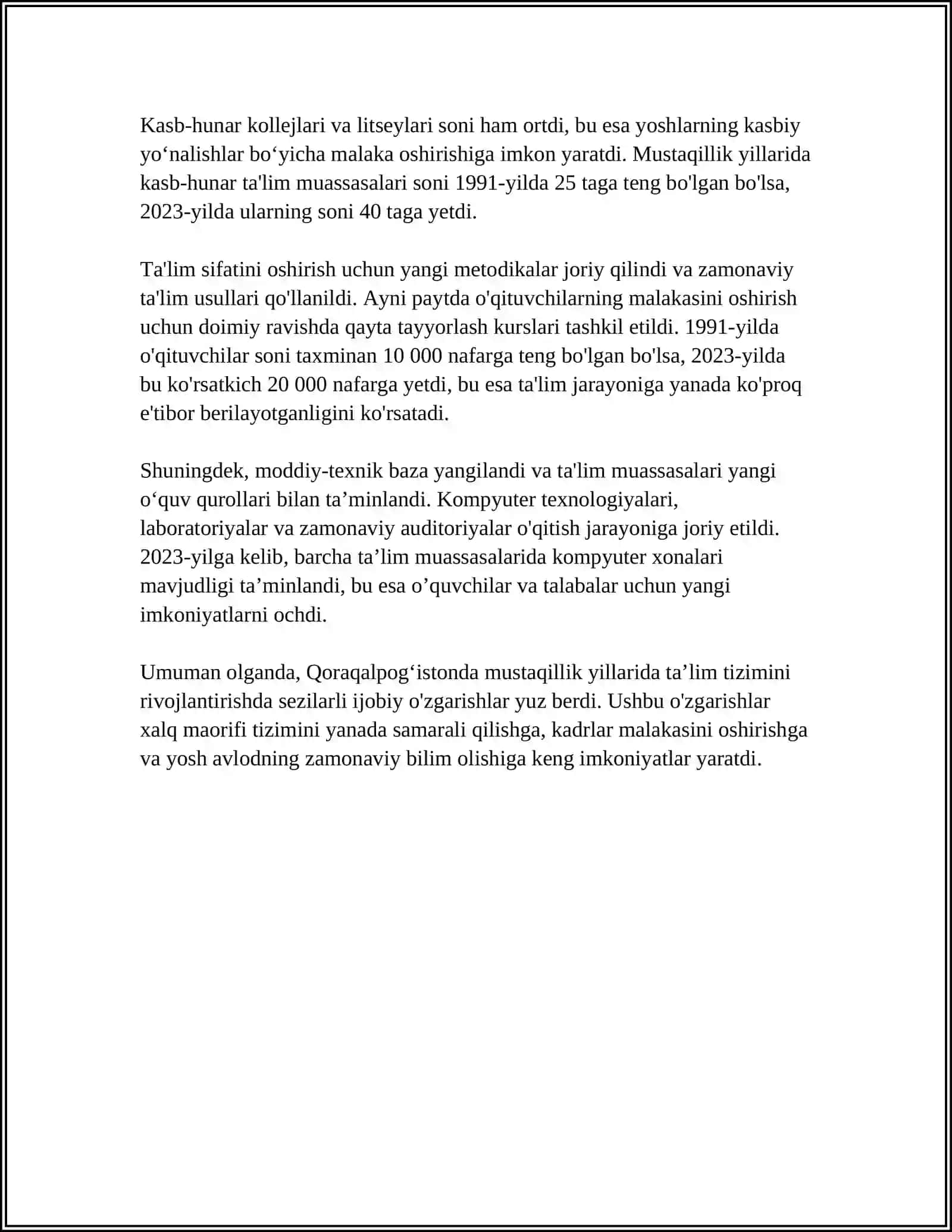 MUSTAQILLIK YILLARIDA QORAQALPOGʻISTON RESPUBLIKASIDA TAʼLIM, ILM FAN VA MADANIYAT 4