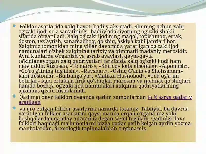 QADIMGI DAVR O'ZBEK FOLKLORI - ETNOMADANIYAT 4