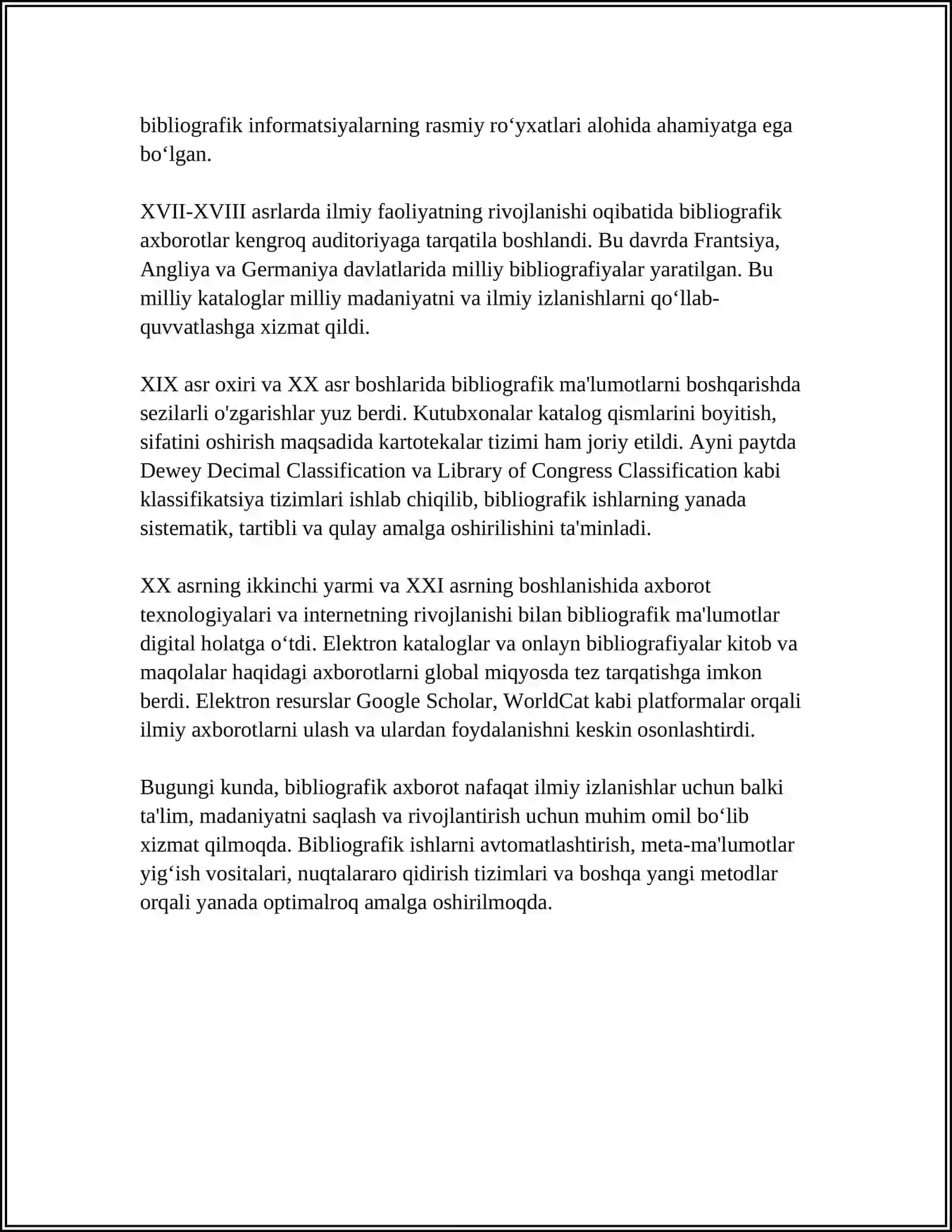 BIBLIOGRAFIK AXBOROTNING PAYDO BOʻLISHI VA RIVOJLANISHINING ASOSIY YOʼNALISHLARI 4