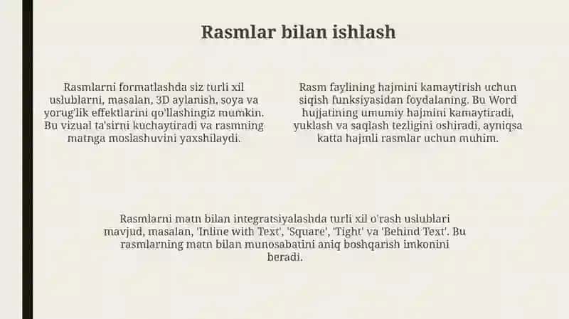 Jadvallar, Rasmlar va Shrftlar bilan Ishlash 4