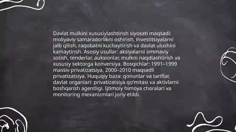 Iqtisodiy islohotlar, xususiy mulkchilikning shakillanishi. Oʻzbekistonda bozor munosabatlarining rivojlanishi 4