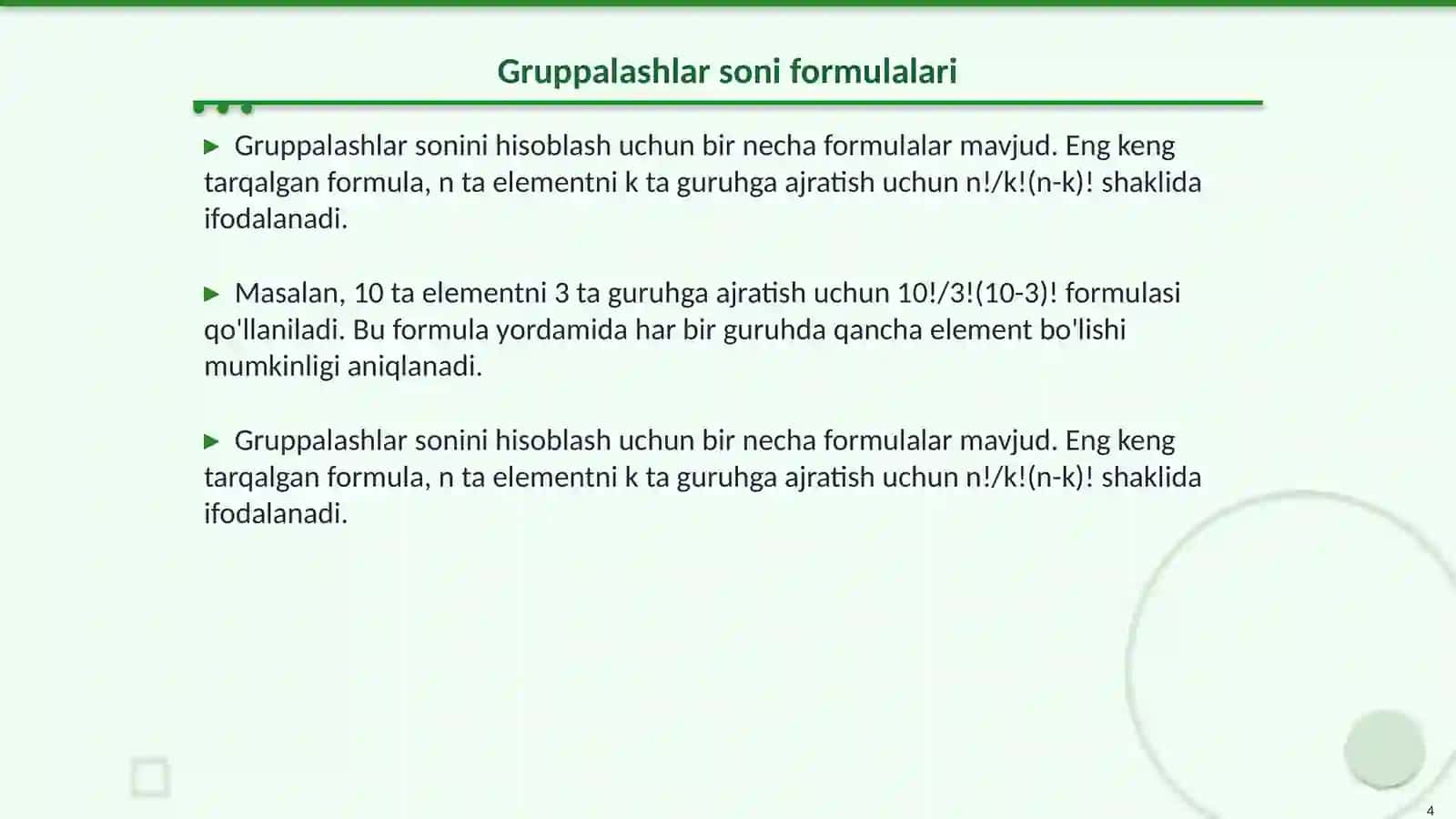 Gruppalashlar soni 4