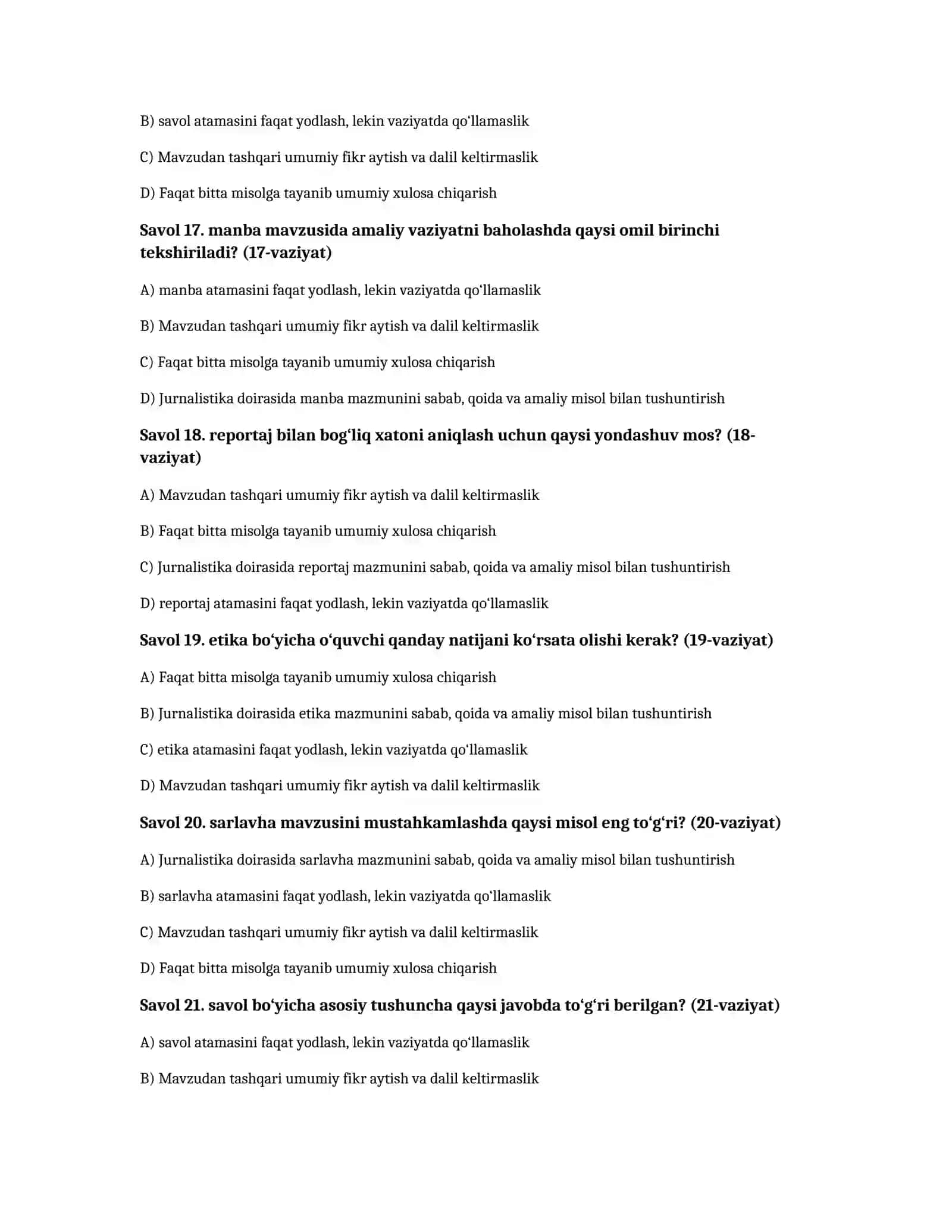 Jurnalistika: intervyu va reportaj — 100 test 4