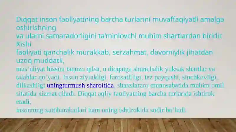 Diqqat.                Reja:1. Diqqat haqida tushuncha.2. Diqqatning fiziologik asoslari.3. Diqqatning turlari 4