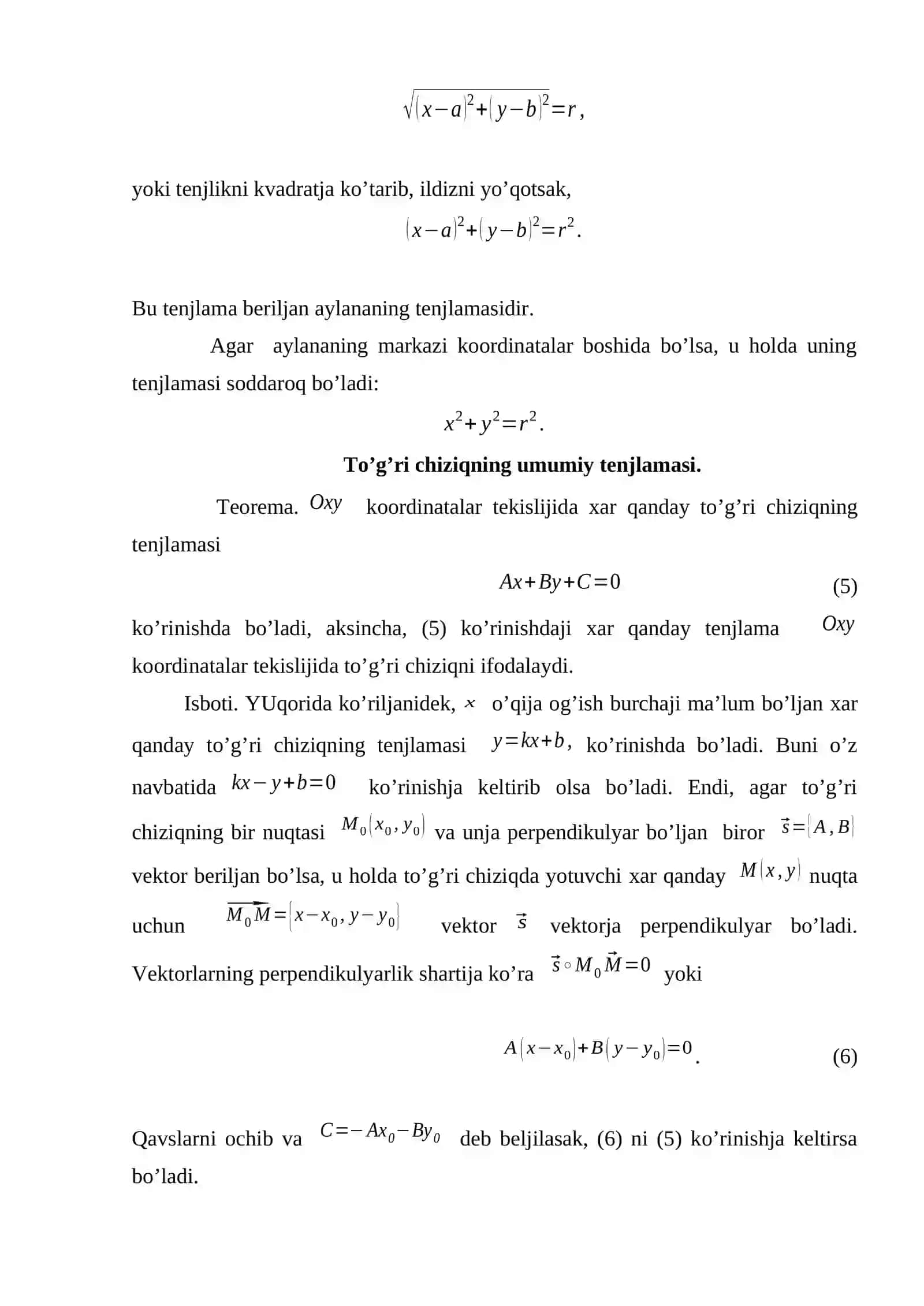 TEKISLIKDA TO‘G‘RI CHIZIQ TENGLAMALARI. IKKINCHI TARTIBLI CHIZIQLAR 4