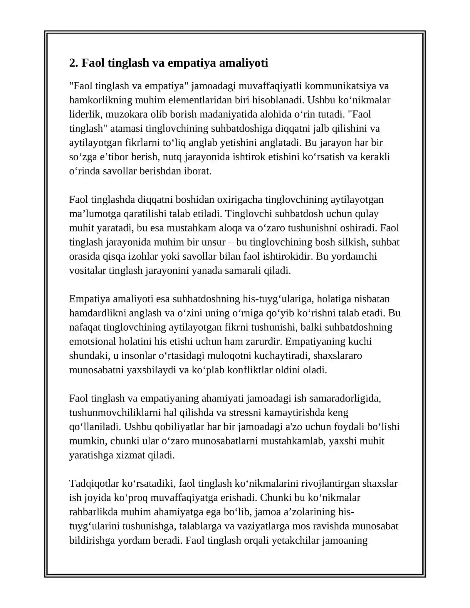 KOMMUNIKATIV KOMPETENSIYA VA JAMOADA ISHLASH KO‘NIKMALARI (LIDERLIK, MUZOKARA OLIB BORISH MADANIYATI) 4