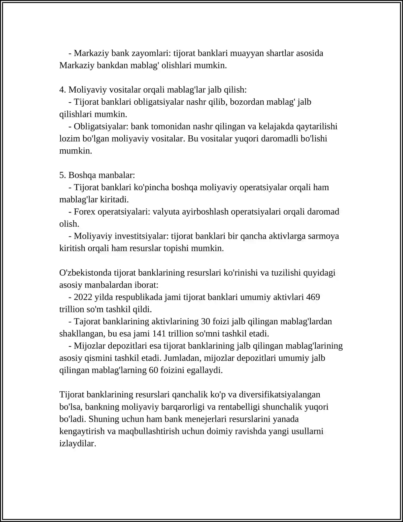 TIJORAT BANKLARINING RESURSLARI, ULARNING TARKIBI VA TAVSIFI 4