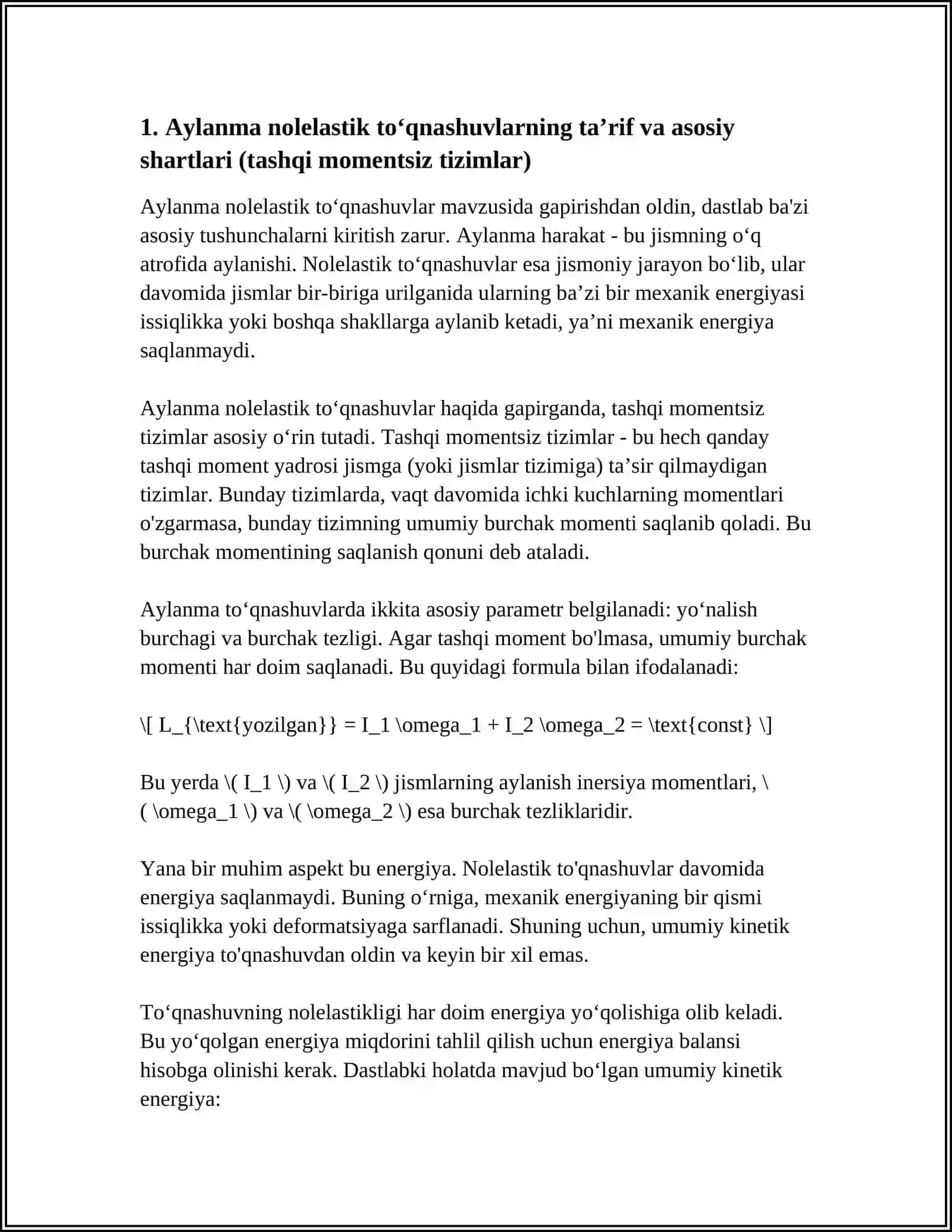 AYLANMA NOLELASTIK TOʻQNASHUVDA IMPULS MOMENTINING SAQLANISH QONUNI 4
