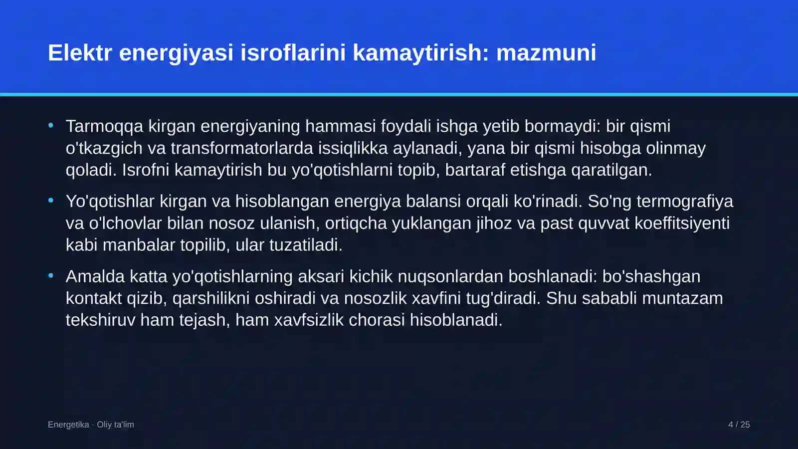 elektr ta'minoti korxonalarida elektr energiyasi isroflarini kamaytirish 4492 4