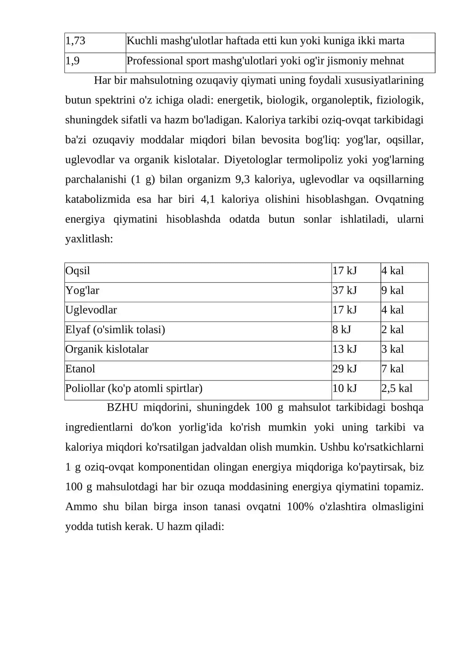Oziq –ovqat mahsulotlarining energetik qiymati 4
