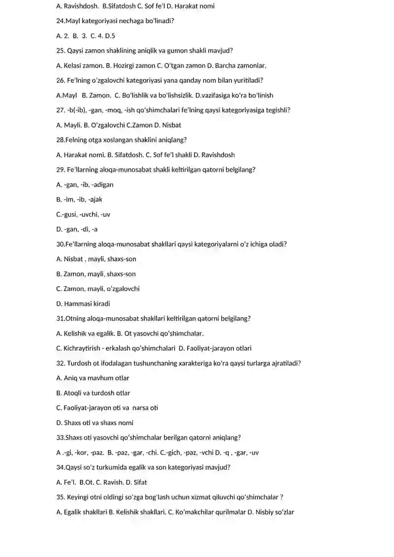 hozirgi o'zbek adabiy tili fanidan test 4