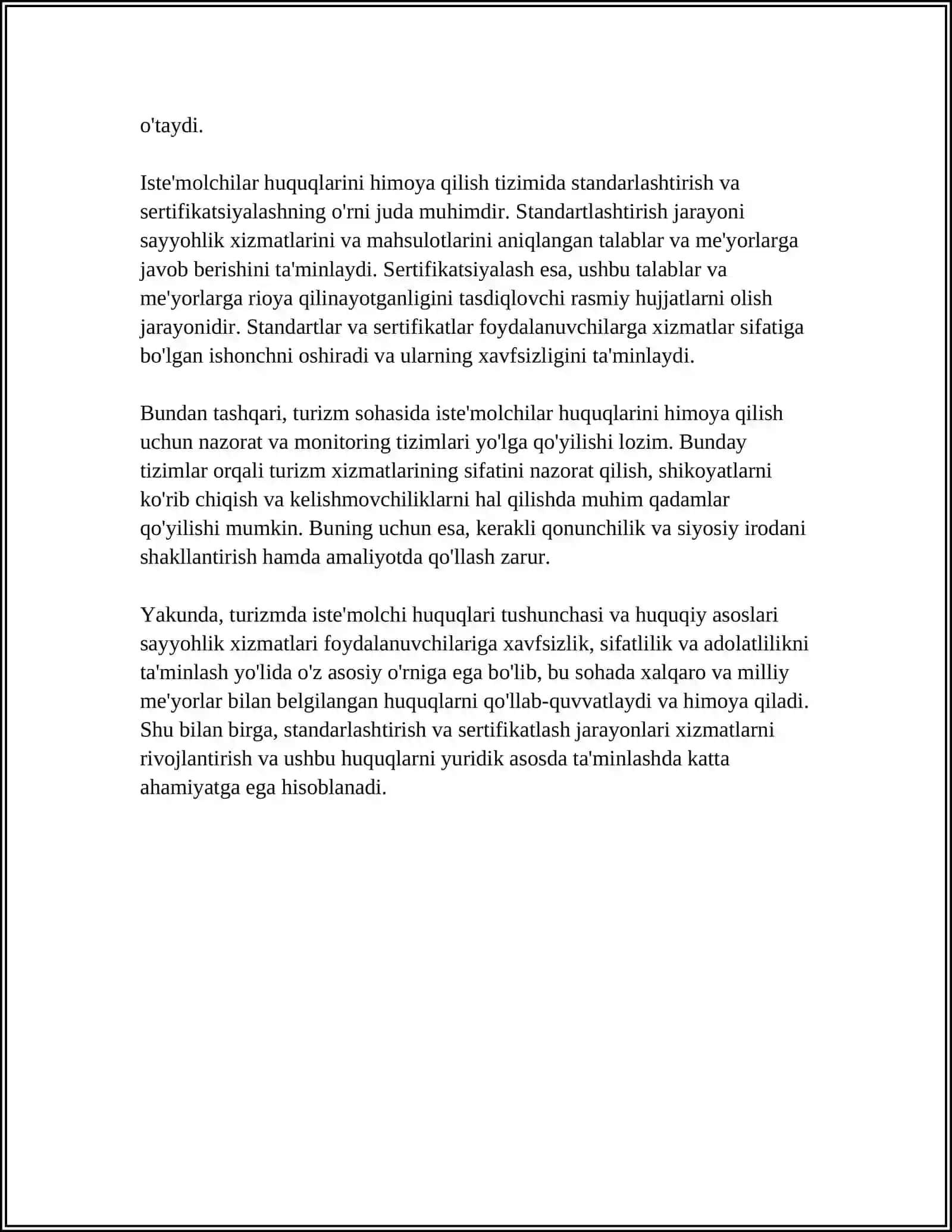 TURIZMDA ISTE'MOLCHI HUQUQLARINI HIMOYA QILISH:STANDARTLASH VA SERTIFIKATLASHNING ROLI 4