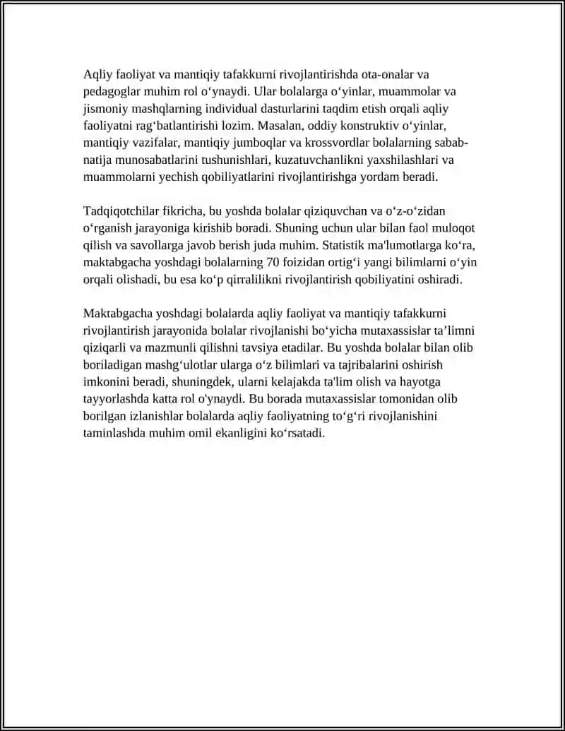 MAKTABGACHA YOSHDAGI BOLALARNING MANTIQIY TAFAKKURINI RIVOJLANTIRISHDA AQLIY FAOLIYAT OʻRNI 4