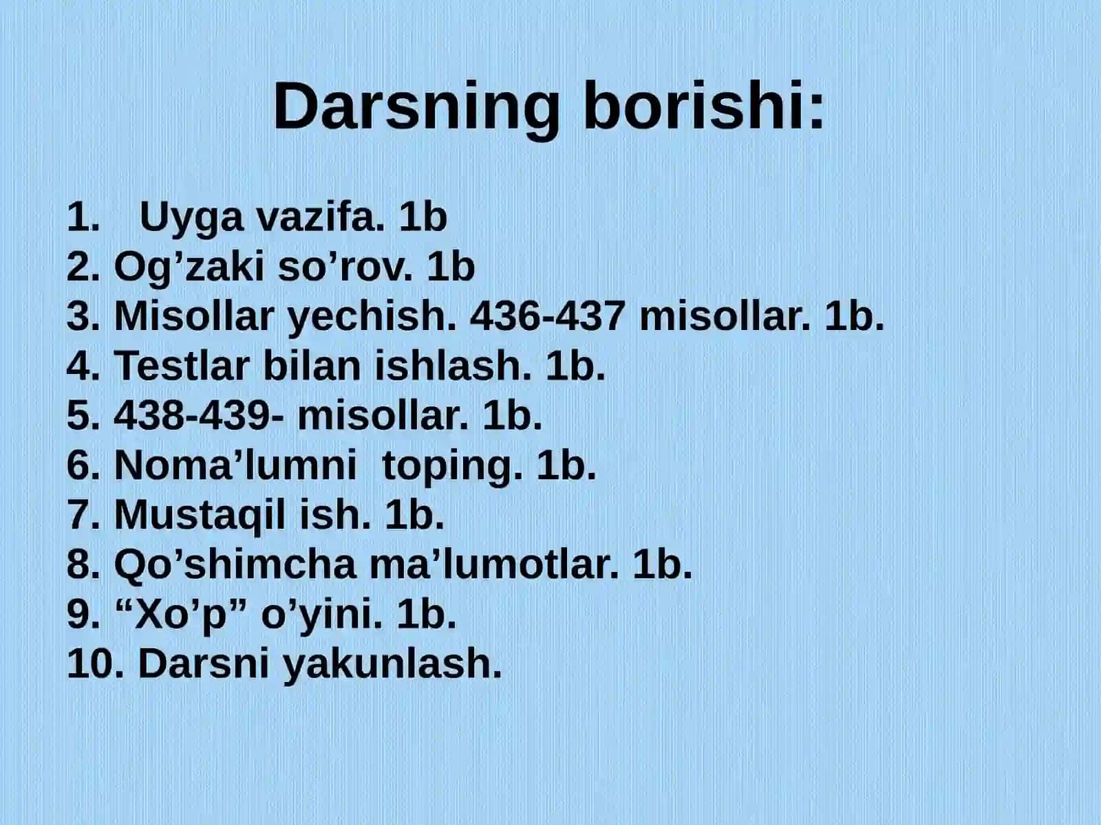 6 SINFLARDA MATEMATIKA FANIDAN”SONLARNING BESHGA BO’LINISHIGA DOIR MISOLLAR YECHISH” 4