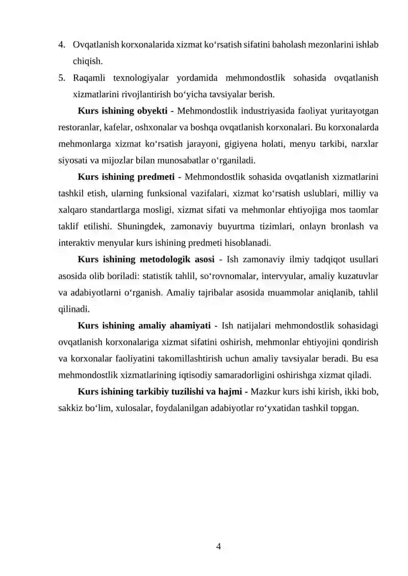 "MEHMONDOSTLIK INSTURIYASIDA OVQATLANISH KORXONALARINING O'RNI" MAVZUSIDA YOZGAN KURS ISHI 4