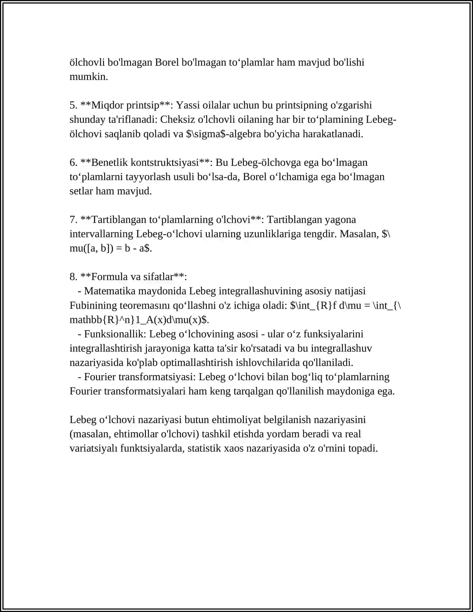 TEKISLIKDAGI TOʻPLAMLARNING LEBEG OʻLCHOVI 4