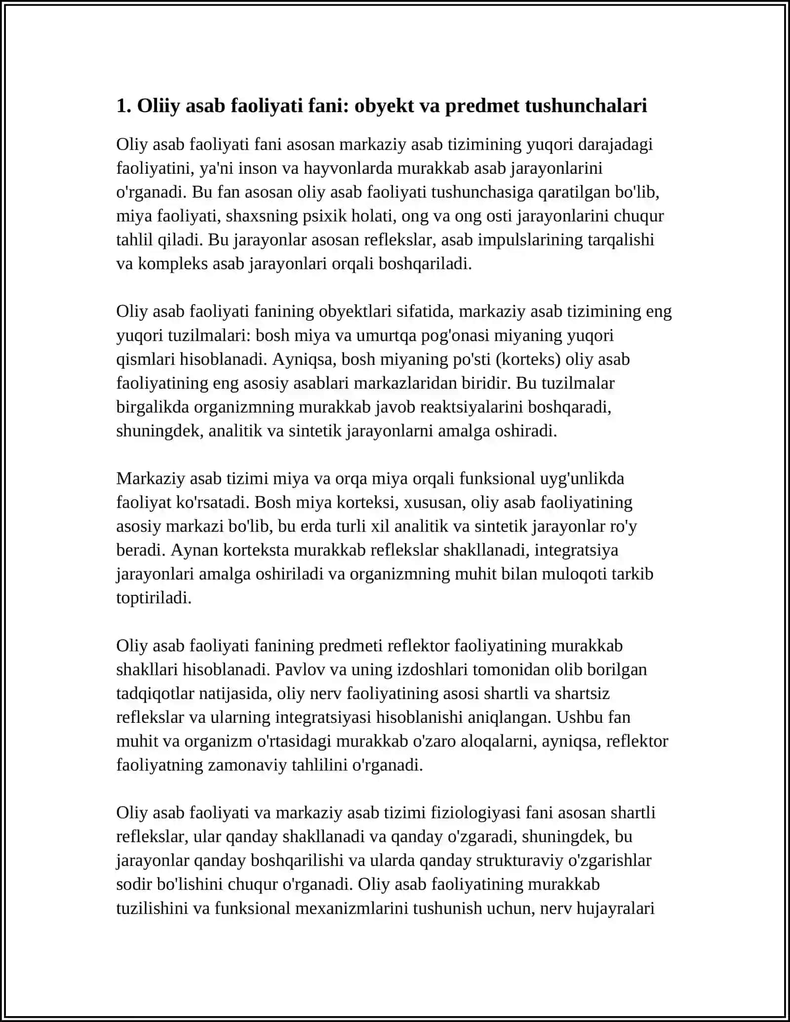 OLIY ASAB FAOLIYATI VA MARKAZIY ASAB TIZIMI FIZIOLOGIYASI FANNING OBYEKTI VA PREDMETI NIMALARDAN IBORAT 4