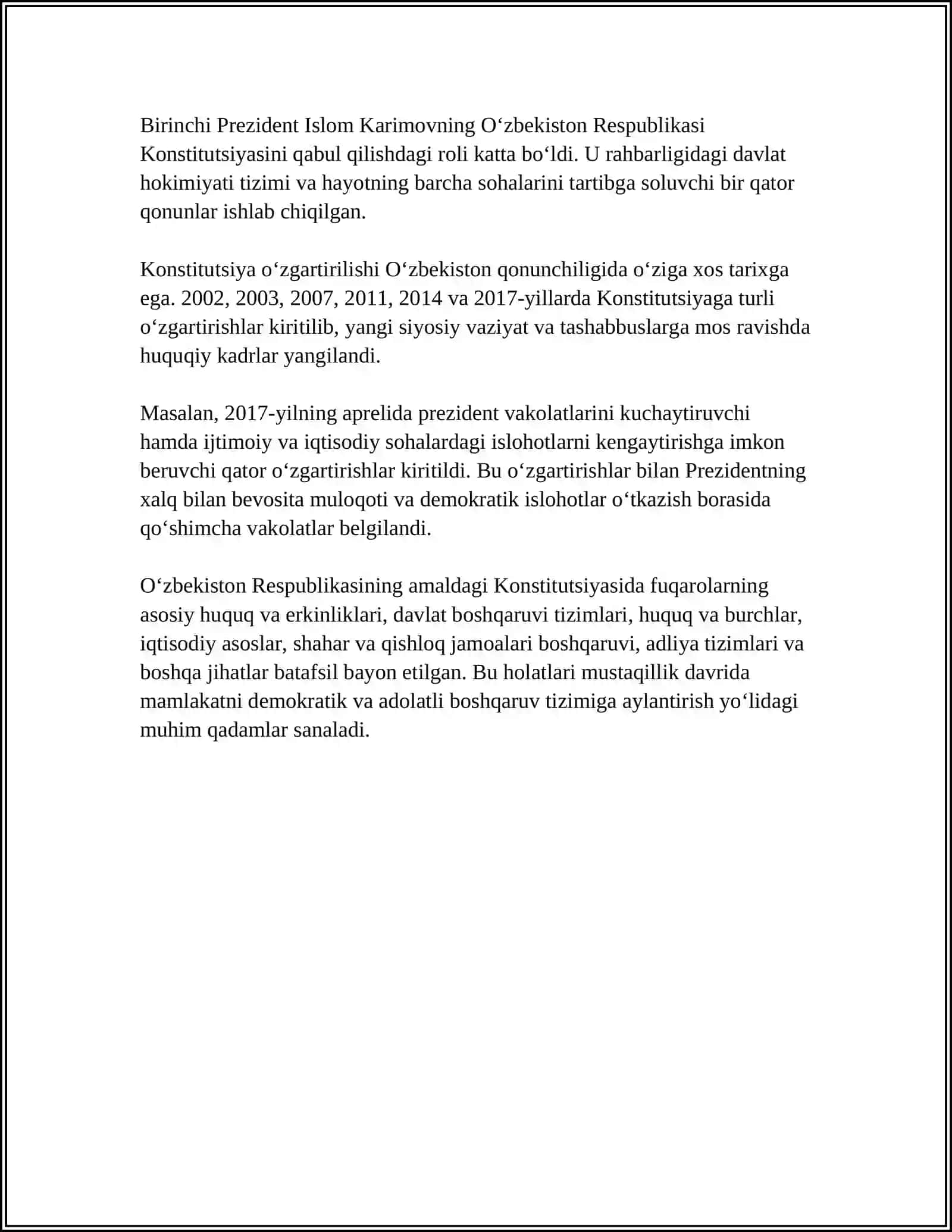 O‘ZBEKISTON RESPUBLIKASI KONSTITUTSIYASI YARATILISHI VA TAKOMILLASHUVI 4