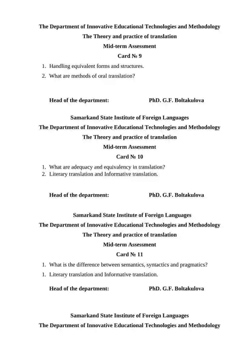 Mid-term Assessment Cards on Translation Theory 4